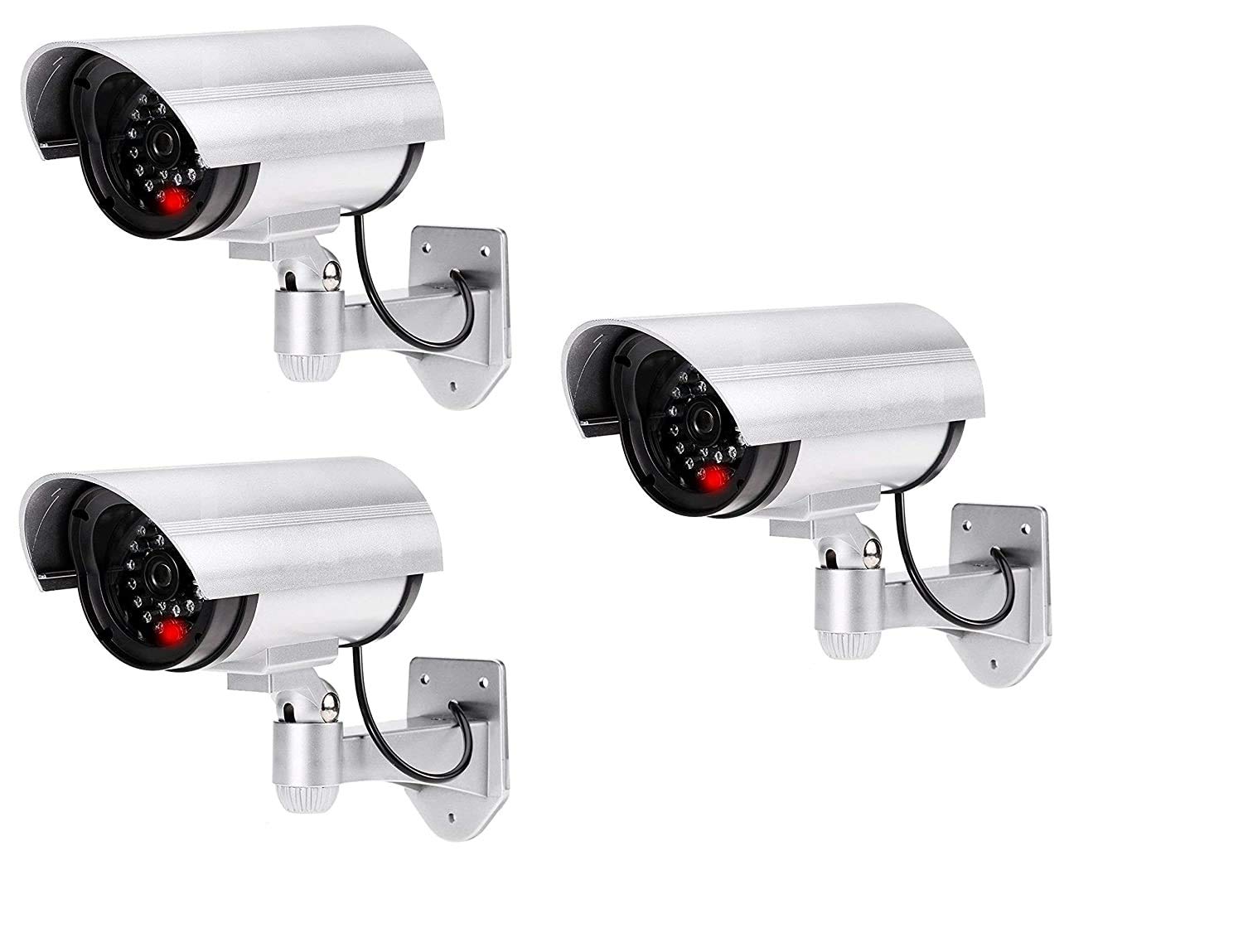 Drake Wired 3 PIECES Fake IR Security Outdoor Day & Night Switch Dummy Security Camera with Flashing Red Light ( silver )-image-41