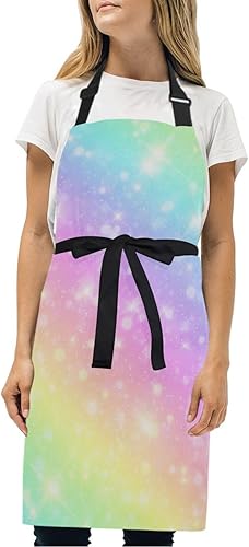 Miniatura 4 de RPLIFE Delantal de cocina para mujer, diseño de arco iris con purpurina y bolsillos, delantal de chef impermeable, delantal de peluquería