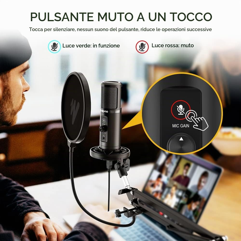 MAONO Microfono USB Monitoraggio latenza zero AU-PM422 192KHZMicrofono professionale condensatore cardioide con pulsante Touch Mute manopola guadagno del microfono per registrazione,podcast,YouTube