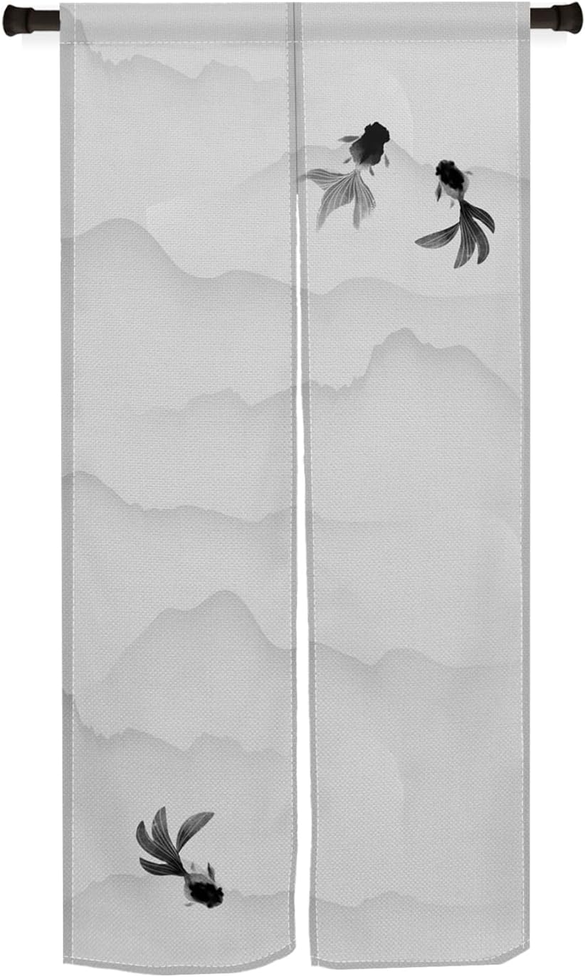 Noren Japanese Doorway Curtain Long Type Japanese Style Window Treatment Hanging Door Tapestry Panel for Ukiyoe Room Divider Kitchen Home Decors 34" Width x 60" Long (Goldfish, Mountains)