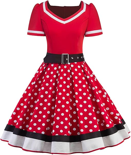 AXOE Damen Gepunktet Rockabilly Vintage Kleid mit Gürtel Partykleid :  Amazon.de: Bekleidung