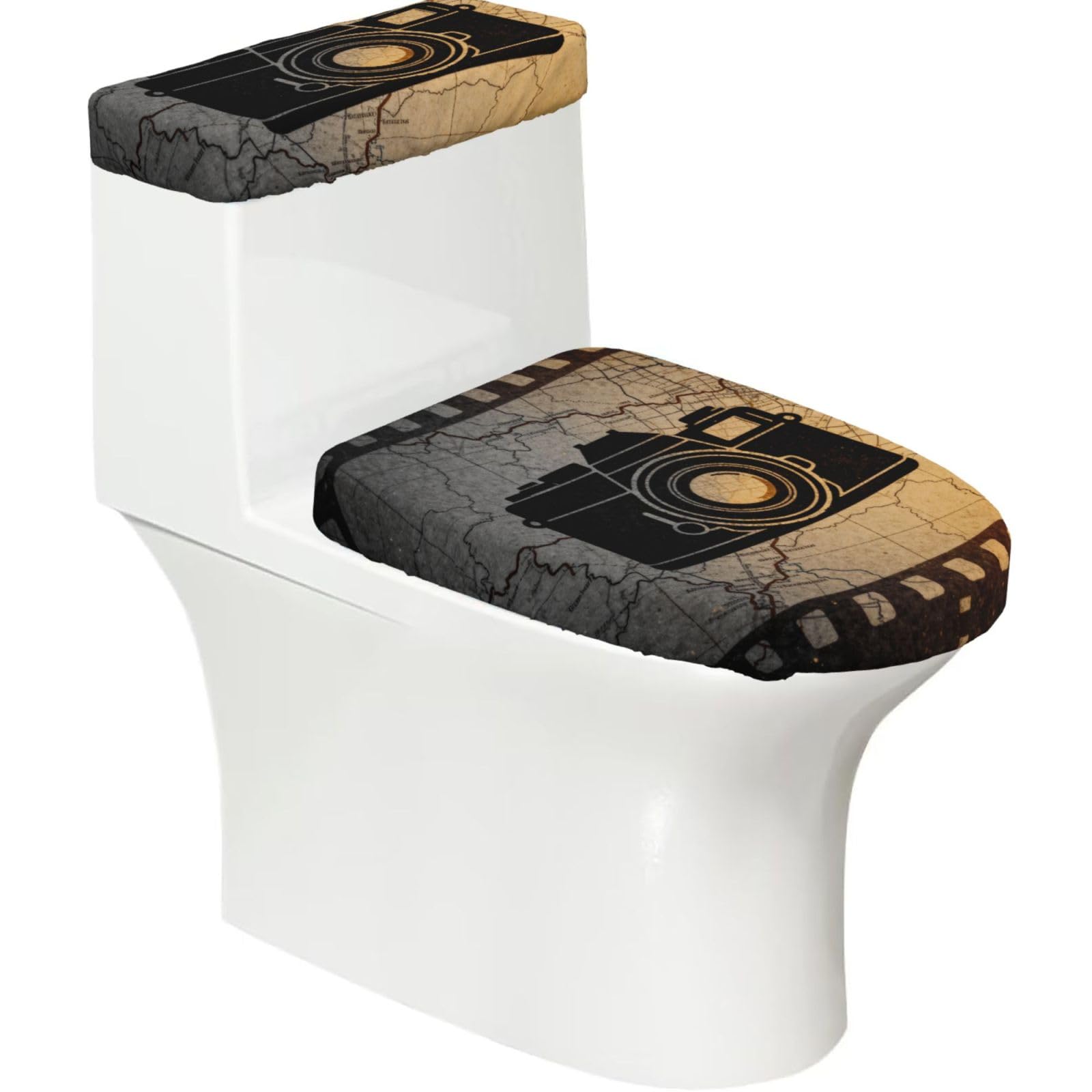 Cntdbu Black Camera Map Icon Elastic Toilet Cover Set Of 2-Stretchy Lid And Tank Covers For Bathroom, Soft Washable U Shape Toilet Decor