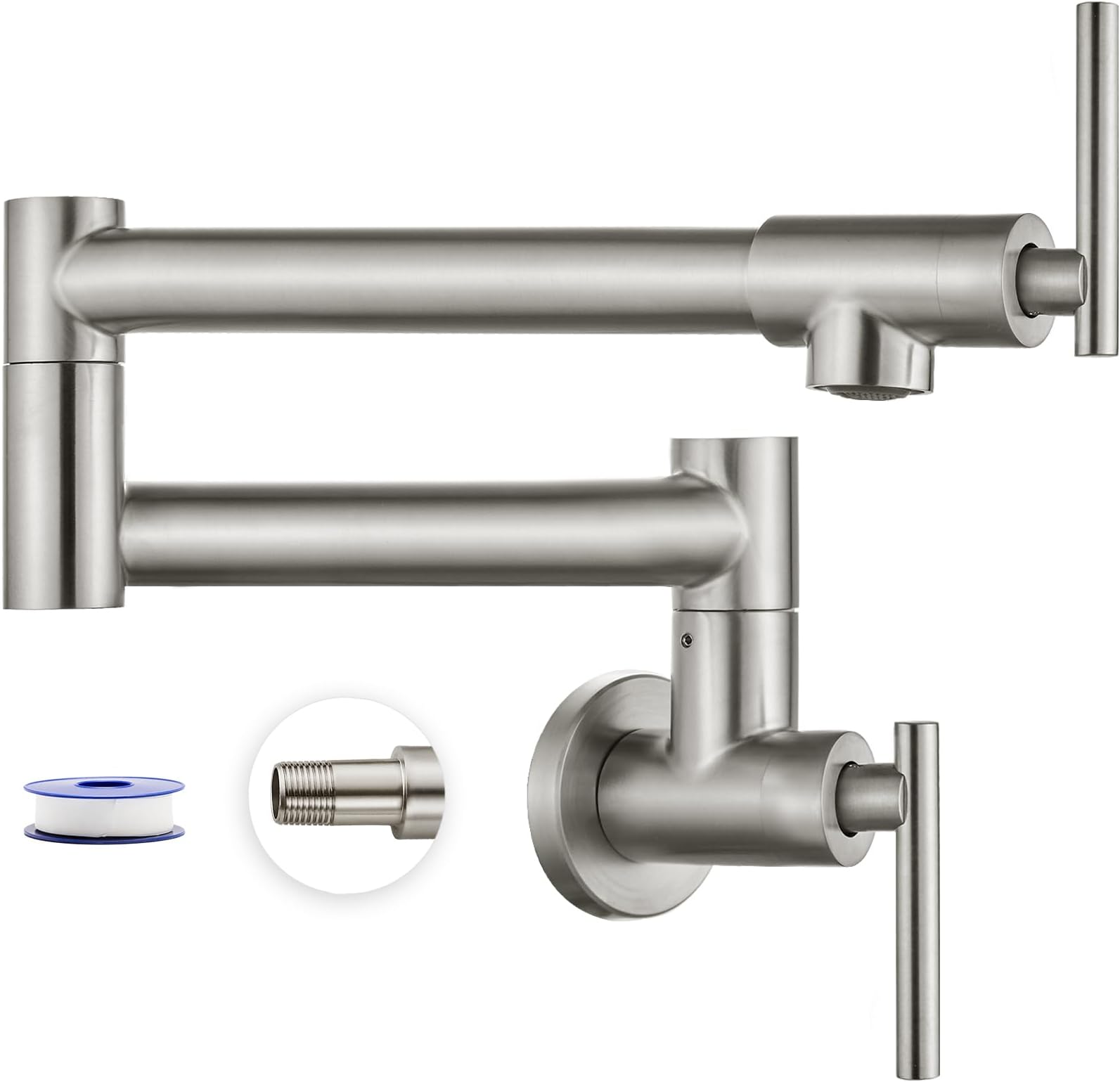 Heyalan Pot Filler 19 Inch Wall Mount Folding Stretchable Kitchen Restaurant Faucet Stainless Steel Pot Filler Double Joint Swing Arm Two Handles Commercial NPT,T-Shaped Handle,Brushed Nickel