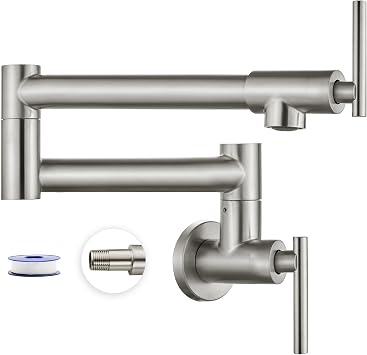 Heyalan Pot Filler Faucet Wall Mounted Stainless Steel 304 Brushed Nickel Double Joint Swing Folding Arms with Two Handles Single Hole Commercial Kitchen Sink Faucet Control Water