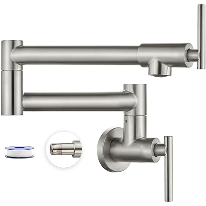 Heyalan Pot Filler Faucet Wall Mounted Stainless Steel 304 Brushed Nickel Double Joint Swing Folding Arms with Two Handles Single Hole Commercial Kitchen Sink Faucet Control Water