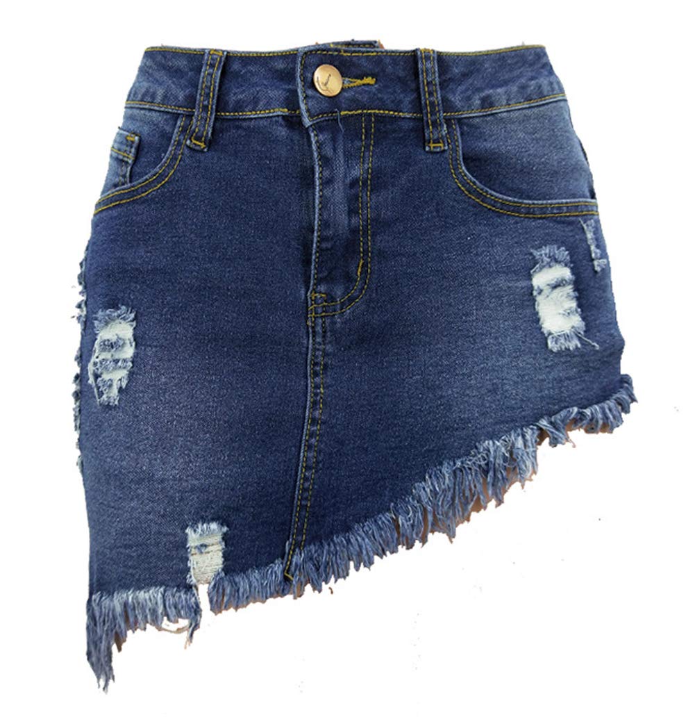 chouyatou Women's Stretch Fit 5-Pocket Irregular Frayed Hem Mini Denim Jean Skirt