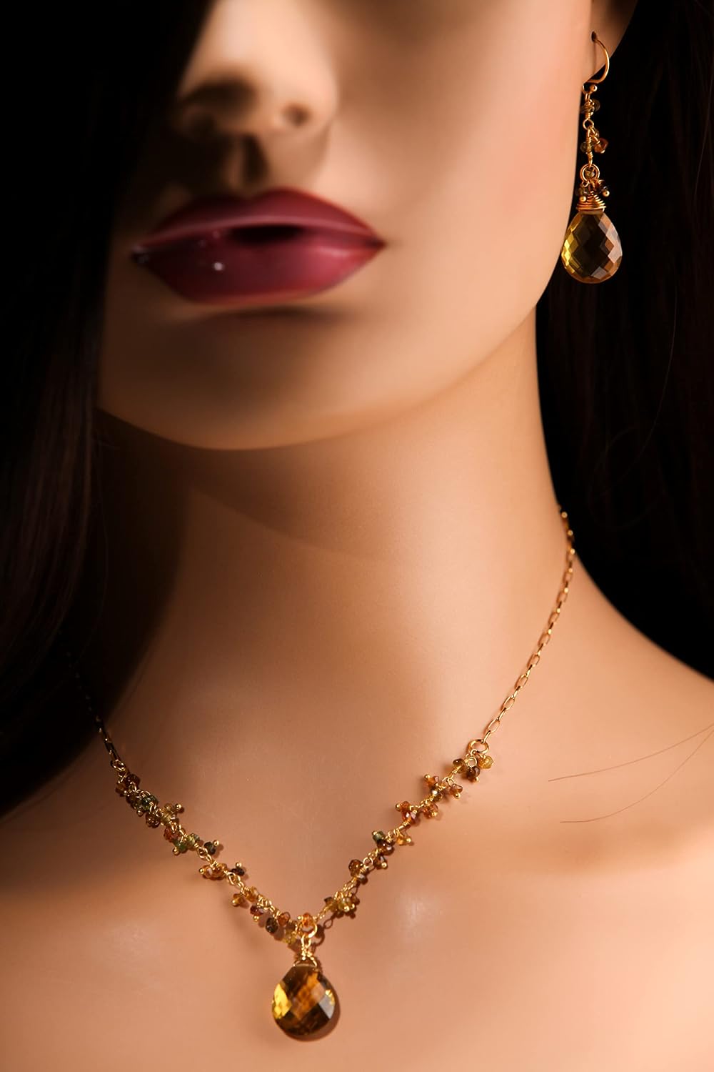 Whisky Quartz Teardrop Pendant, Petro Amber Tourmaline Wire Wrapped Necklace, Matching Earrings Jewelry Set in 14k Gold Filled Handmade Gift