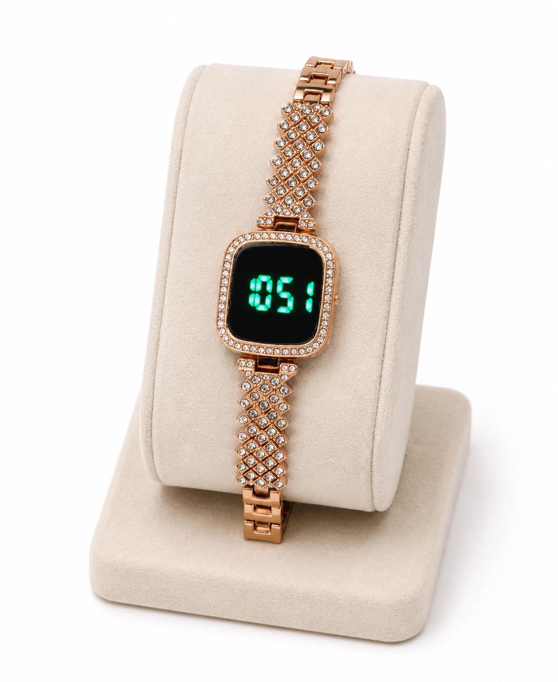 Women's LED Digital Watch, Rose Gold, Crystal Rhinestone Bracelet Band, Square Dial-image-12