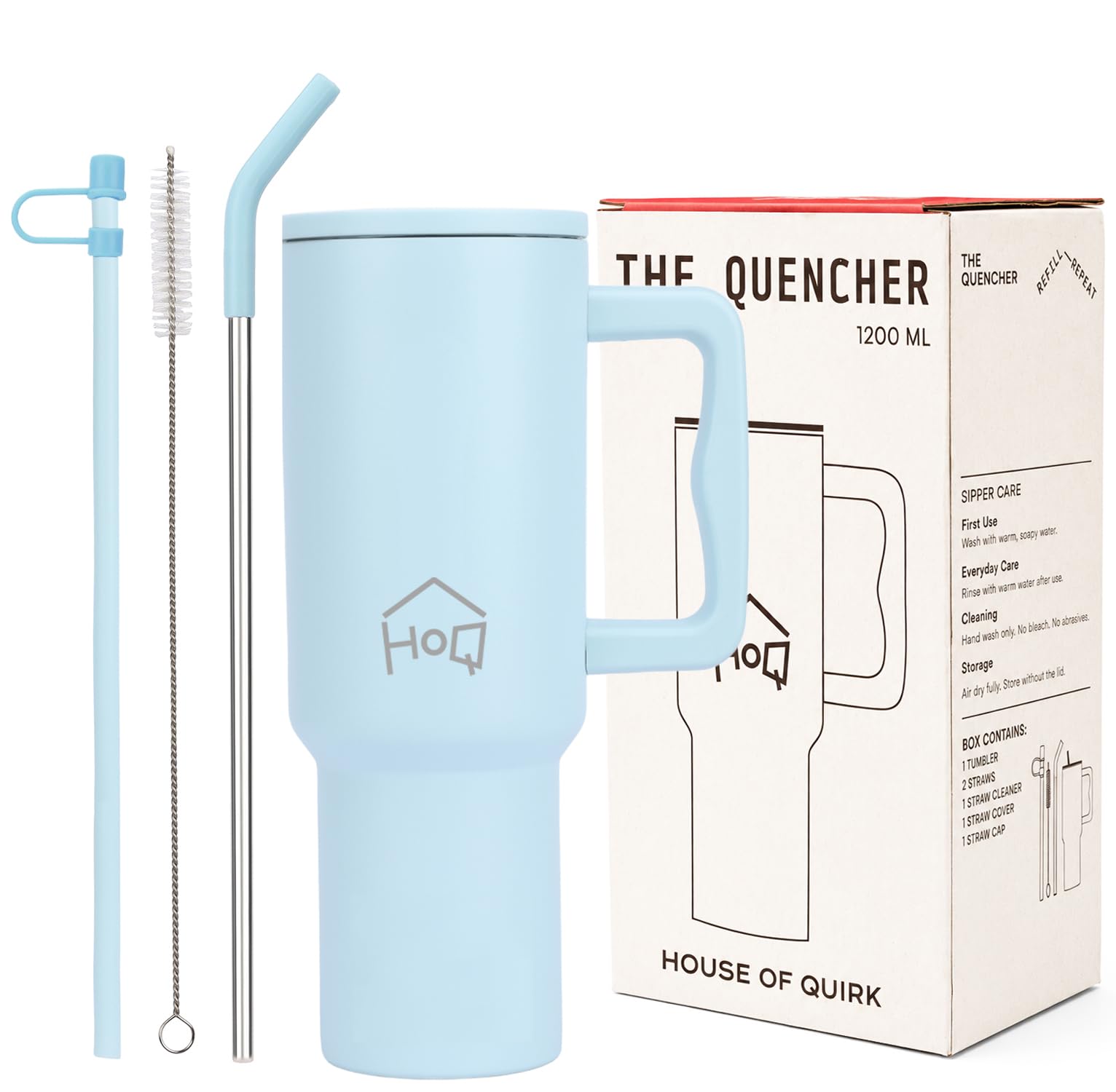 House of Quirk 1200ML Stainless Steel Tumbler with Handle & Lid, 2 Straws – Large Travel Mug Water Cup for Gym, Office & Outdoor Use (Powder Blue)