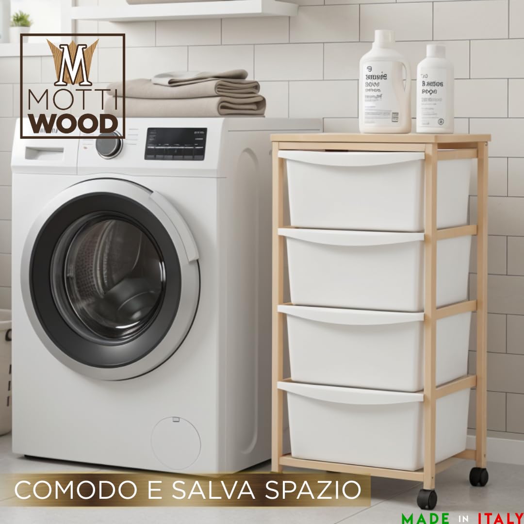 Carrello Multiuso in Legno di Faggio, 4 Cassetti Estraibili, Cassettiera Salva Spazio, 36x34xh82