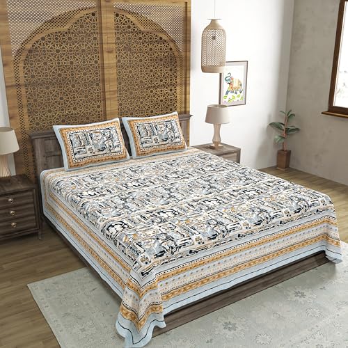 Image of BLOCKS OF INDIA Hand Block Printed 300 TC Cotton Super King Size Bedsheet(106 x 106) (Brush Grey)
