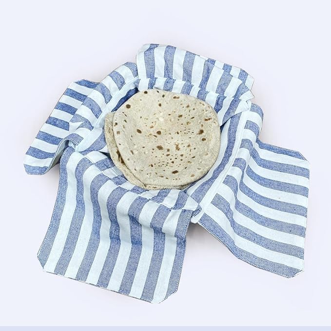 Cotton Double Layer Roti Clothes Wrap with Flaps, Cotton Cloth for Chapati, Hot Case, Kitchen Chapati Cloth Wrap, Roti Cloth (Stripe Blue, Pack of 1)