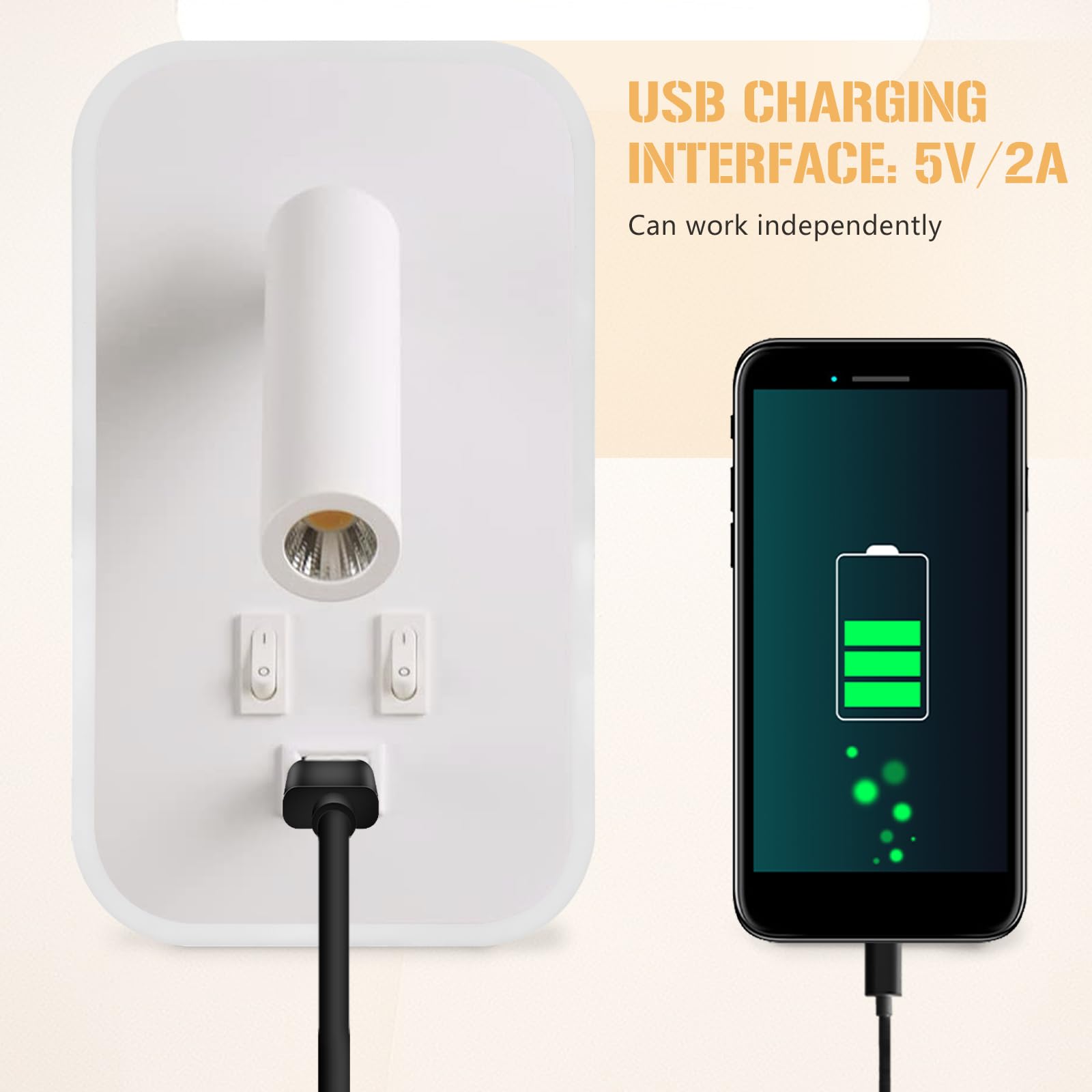 UrbanHomes Lampada da parete a LED, 12W Lampada da Lettura Sul Comodino con interruttore Porta di ricarica USB, Applique da Corridoio per hotel in camera da letto (Luce Calda 3w + 9w) (Bianco)