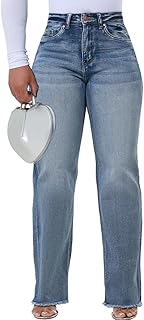 Jeans para mujer, cintura alta, pierna ancha, desgastados, dobladillo sin procesar, pierna recta, pantalones de mezclilla elásticos