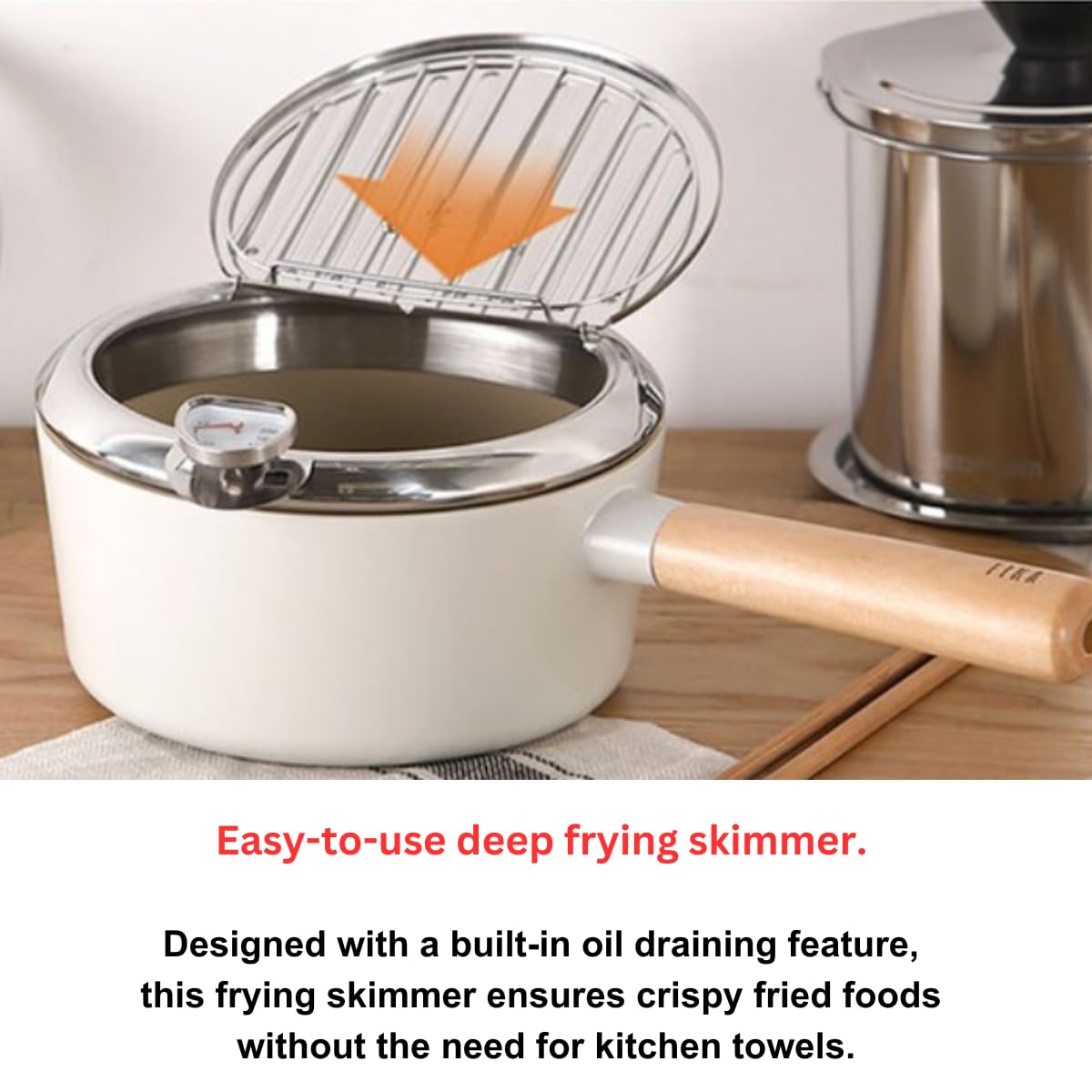 FIKA Japanese Style Tempura 1.7QT Deep Fryer Pot with Thermometer, Glass and Metal Lid for French Fries, Chicken, Fish, Shrimp, Induction Compatible Nonstick Cookware, Made in Korea (7