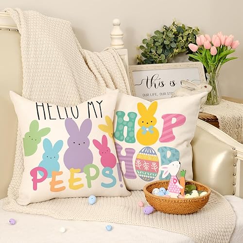 Miniatura 3 de GEEORY G482-18 - Juego de 4 fundas de almohada de Pascua de 18 x 18 pulgadas, conejos conejos, huevos de Hello Peeps, camiones, Hip Hop a rayas,
