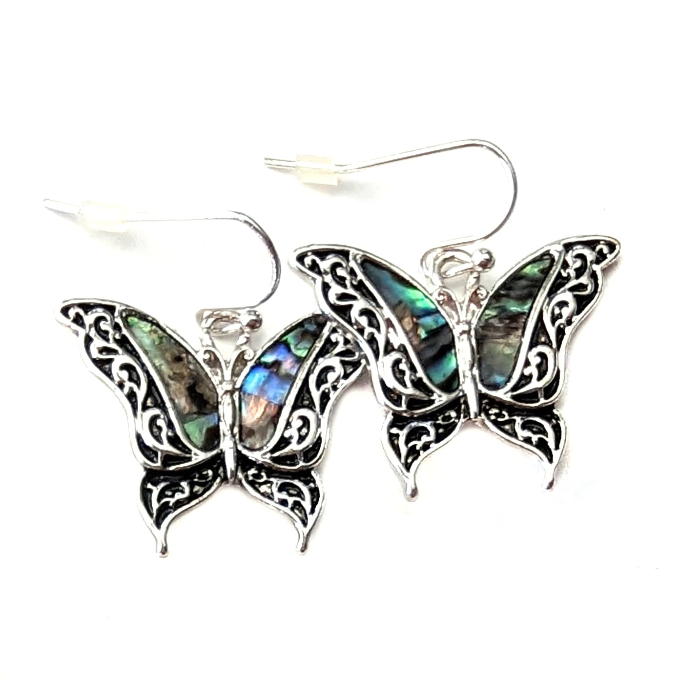 Antiqued Silver and Abalone Butterfly Drop Earrings with Filigree Detail