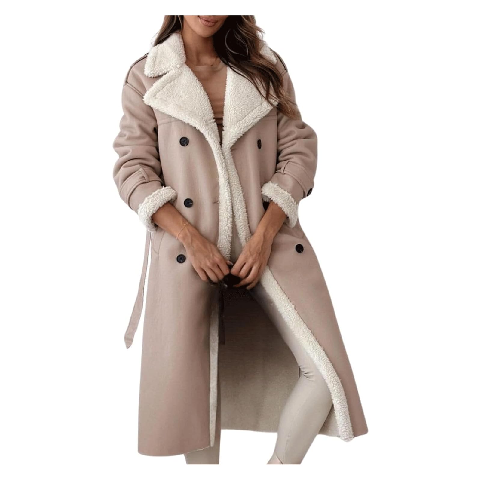 INFJMH Women's Fleece Long Blazer Jacket Winter Notched Lapel Sherpa Lined Trench Coat Faux Leather Outwear with Belt