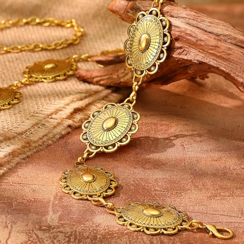 XZQTIVE Women Boho Chain Belts For Dresses Jeans Western Cowgirl Waist Links Belt Adjustable Metal Concho Belt