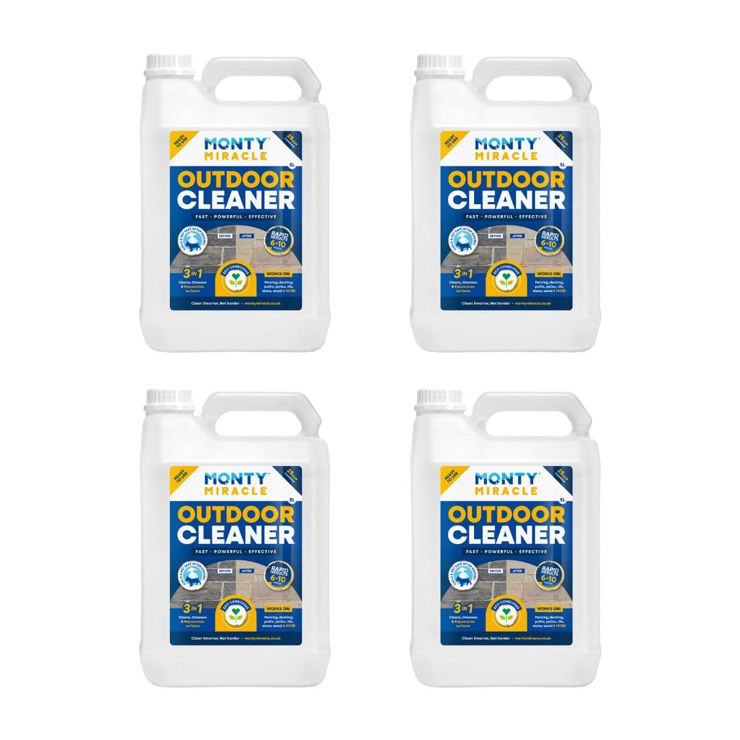 Monty MiracleOutdoor Cleaner, 5 Litre. Clean & Rejuvenate your Patio, Decking, Fencing, Paths, Driveway, Render & More - Results in 6-10 Minutes! Slip Free (Offer for 4)