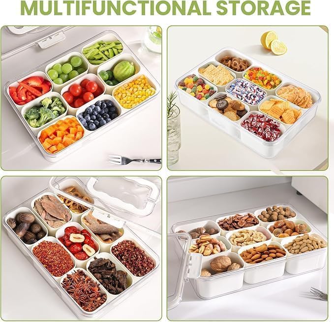 Image of TopinonDivided Veggie Tray with Lid and Handle 9 Compartment Serving Tray with Dividers Portable Travel Snack Containers Stackable Box Charcuterie Container for Fruit,Vegetable,Salad (9 Grid - 1 PC)