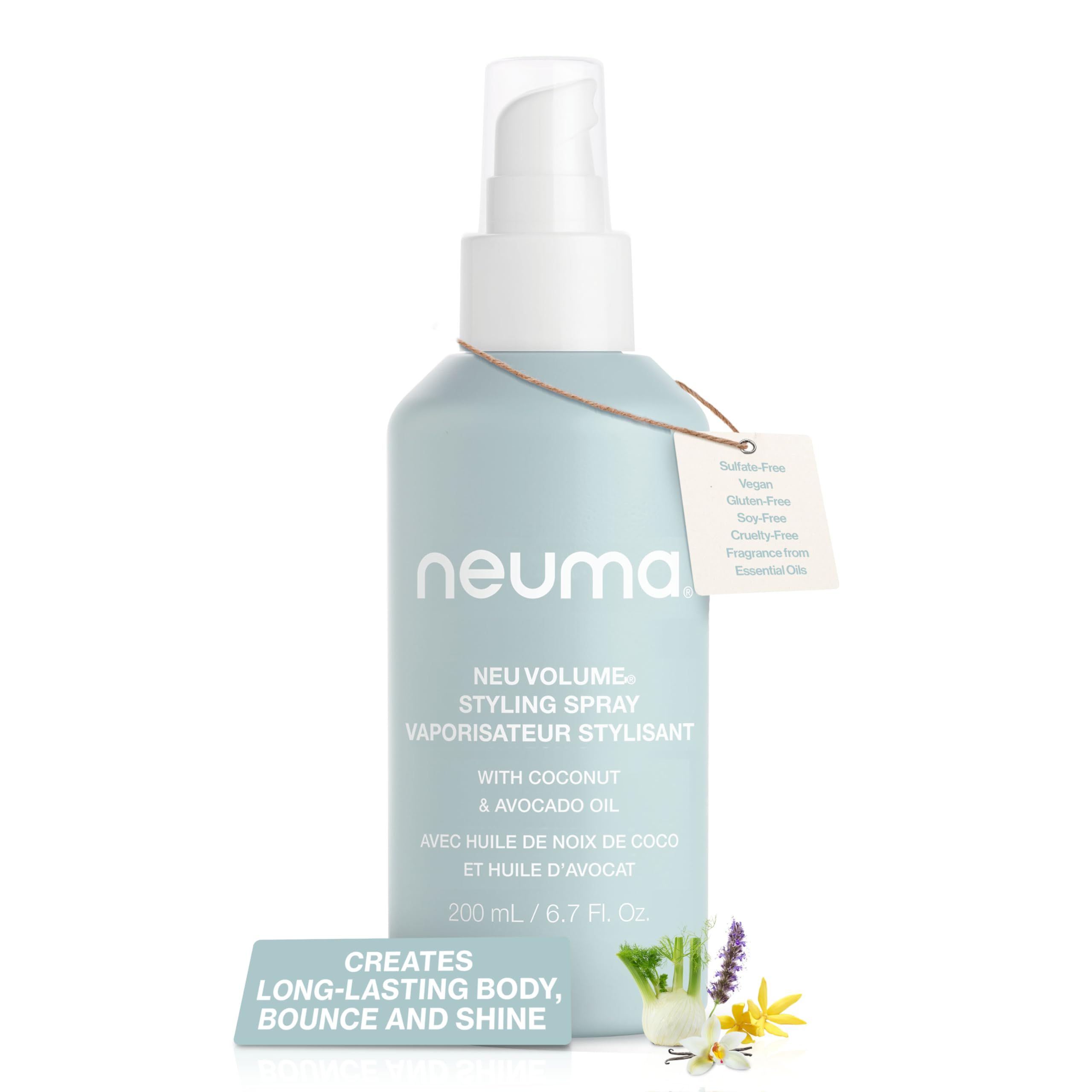 Neuma Neu Volume Styling Hair Spray 6.7 Fl. Oz. Heat Protectant Volumizing Spray with Fennel, Ylang Ylang, Patchouli, and Vanilla Scent, Hair Volumizer for Fine Hair