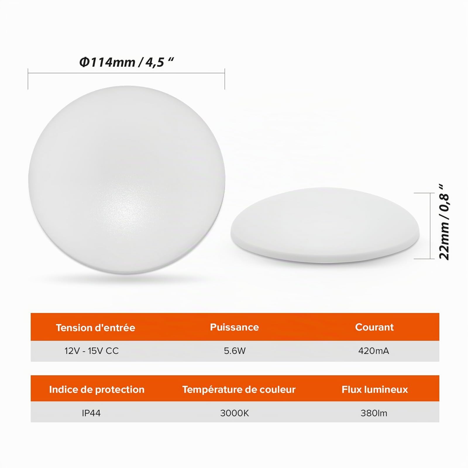 Dream Lighting Éclairage LED pour Caravane Blanc Chaud 3000K Plafonnier 12v Intérieur Camping Car RV 114mm Ronde Set de 2