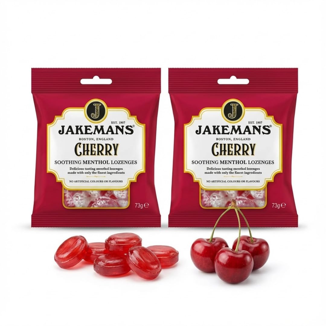 Jakemans Cherry Boiled Sweets 2 x 73g - Traditional Hard Candy with Natural Flavour - Vegetarian, No Artificial Colours or Flavours