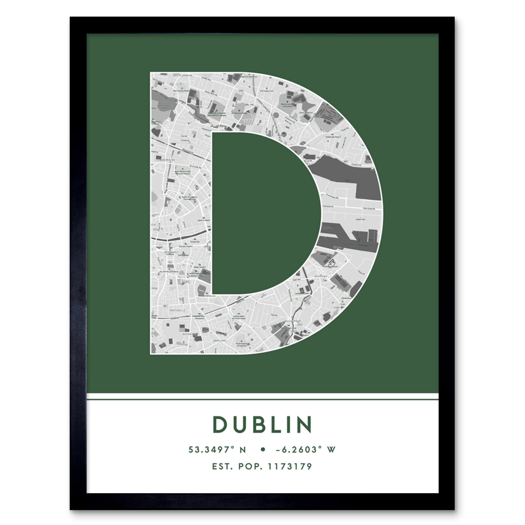Dublin Ireland City Map Print - Modern Typography Wall Art - W12 x H16 Inch - Green Paper Framed Print