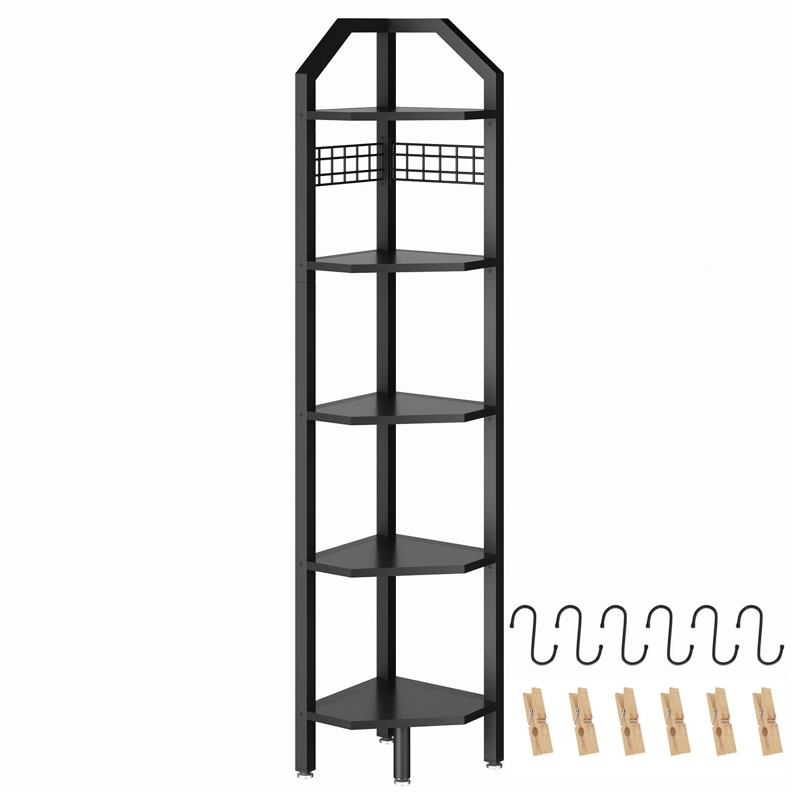YMYNY Étagère d'angle à 5 Niveaux, Hauteur 176 cm, étagère de Rangement Multi-usages, pour Salon, Salle de Bain, Cuisine, Chambre à Coucher, Bureau, Style Industriel Noir HBR006B