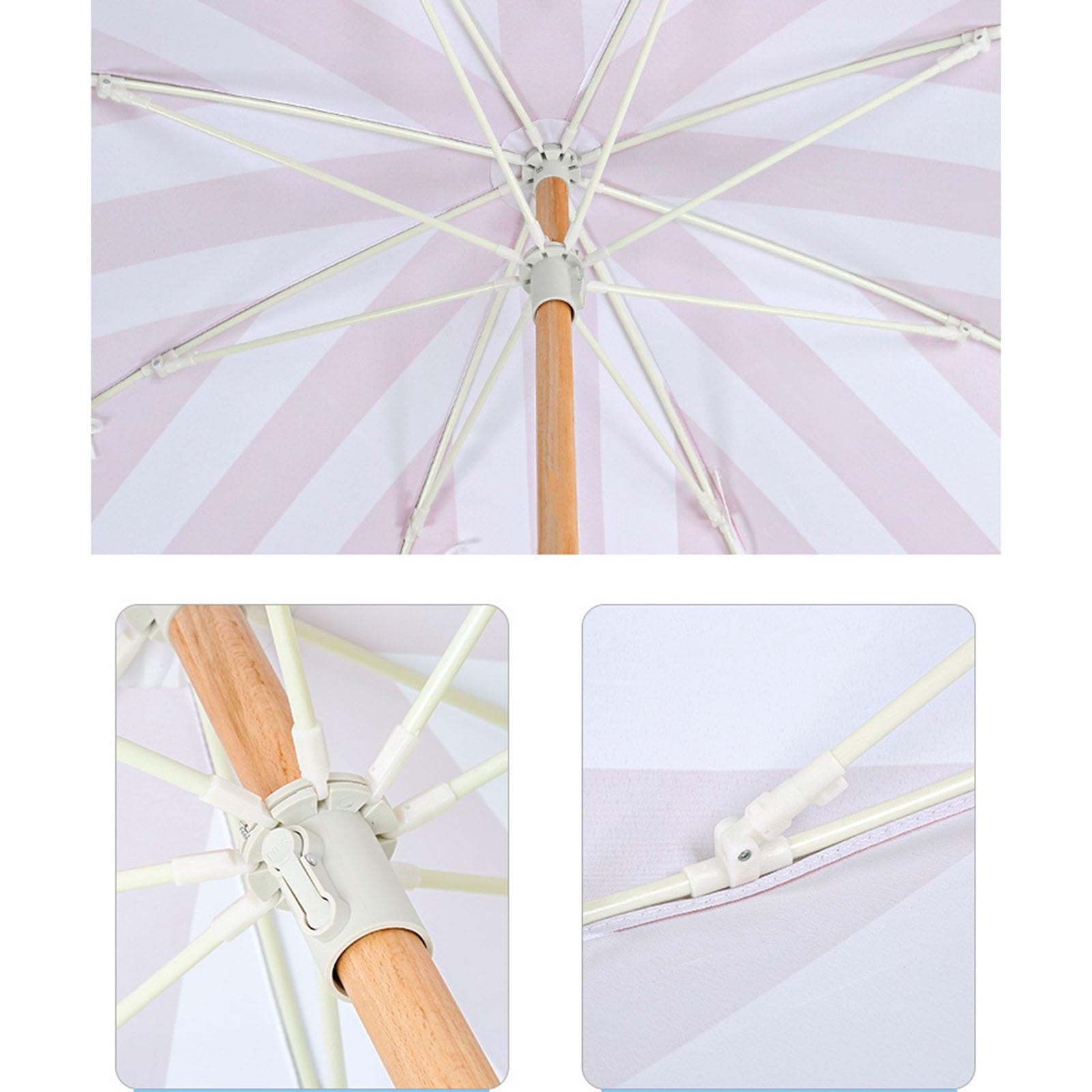 Metalowy Parasol Środkowy W Różowo-białe Paski Z Powiewającymi Frędzlami I Możliwością Regulacji Nachylenia Pod Wieloma Kątami, Odpowiedni Do Basenów, Ogrodów I Tarasów.