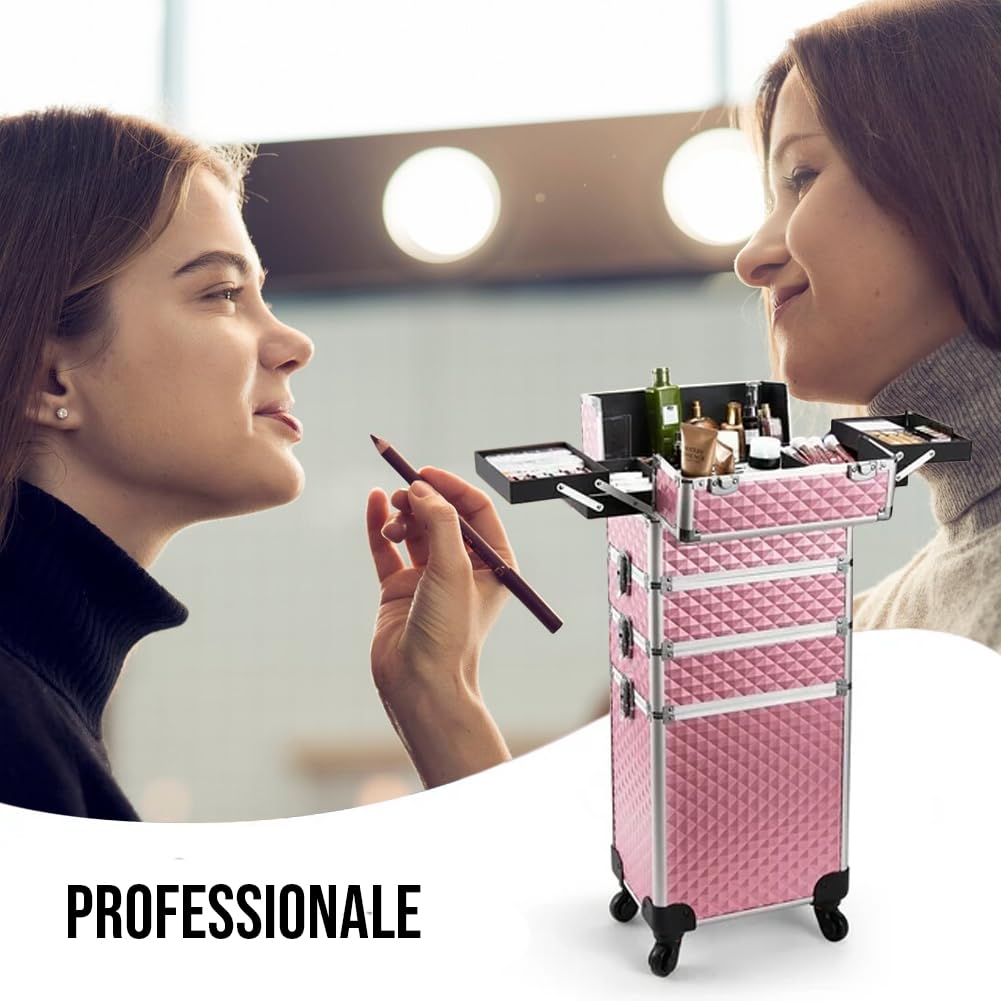 BAKAJI Trolley Make Up 4 in 1 Professionale con Trama Oleografica a Triangolare, Beauty Case Estetista Portatile, Valigia Porta Trucchi con Ruote Staccabili, Valigetta Organizer Makeup Viaggio (Rosa)