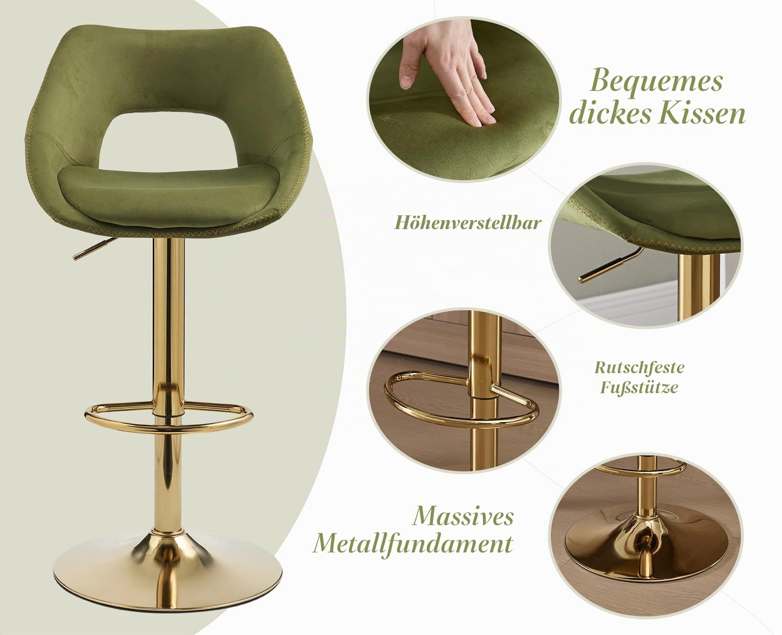 Ya-Home Barhocker 2er Set, Barstühle höhenverstellbar, Küchenhocker 360° drehbar, Tresenhocker mit Rückenlehne, goldene Fußstütze, Samt, Grün