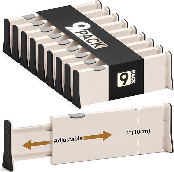 Drawer Dividers Organizer 9 Pack, Adjustable Separators 4" High Expandable from 11-17" for Bedroom, Bathroom, Closet, Clothing, Office, Kitchen (Beige, 9 PACK)