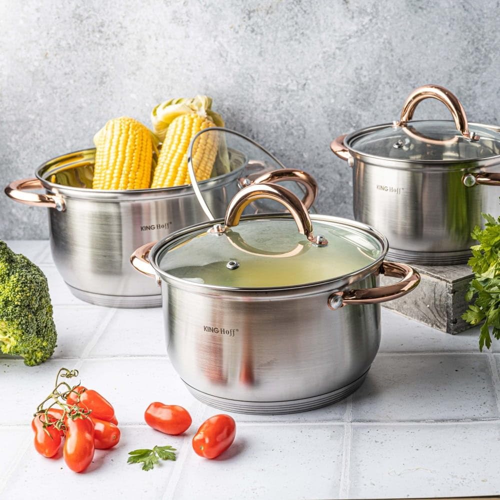 Kinghoff Topfset Induktion 6-teiliges, Kochtopf Set mit Glasdeckel, Kochgeschirr aus Edelstahl außen mattiert, Töpfe Set, Geeignet für alle Herdarten, Spülmaschinenfest, (Rosegold)
