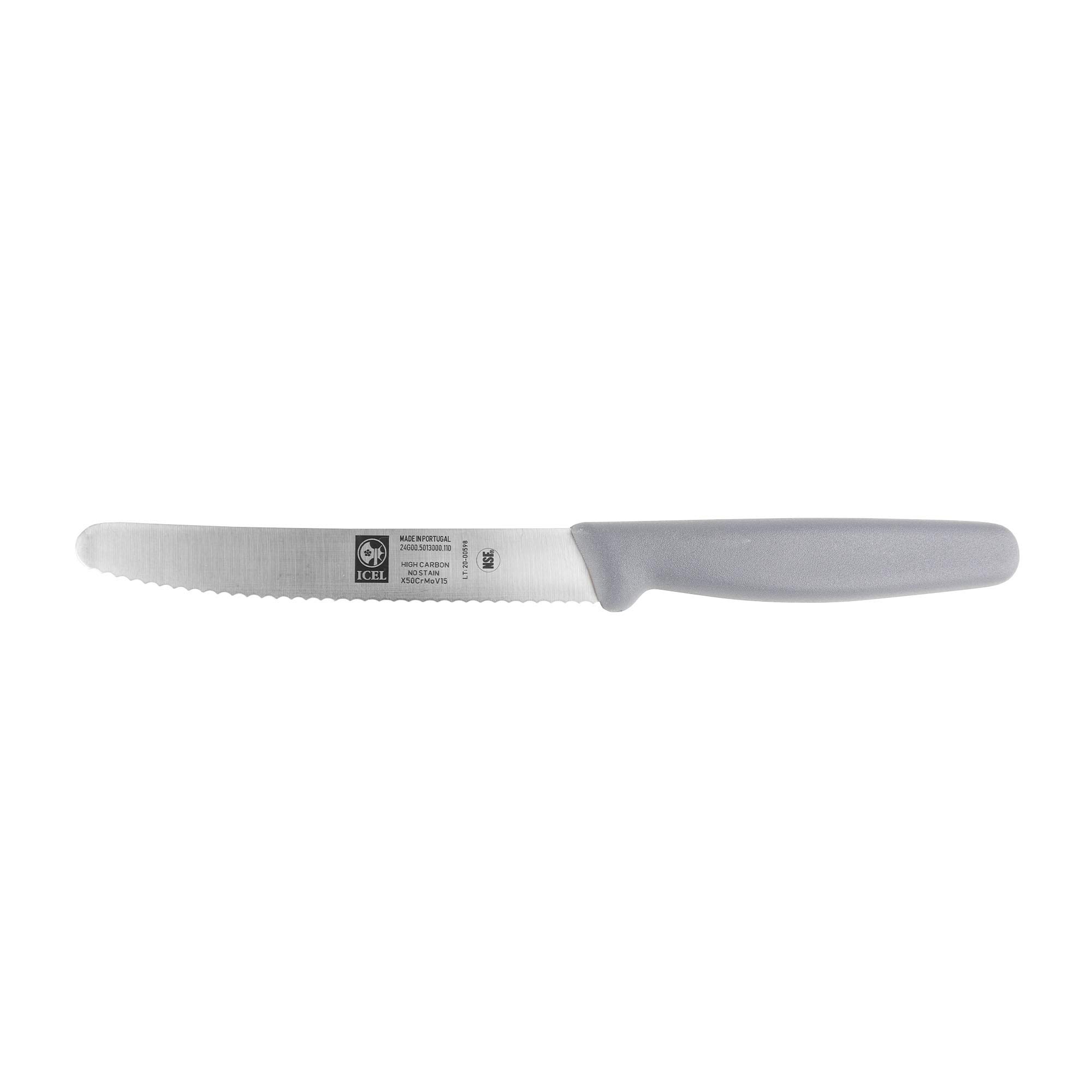 ICEL Serrated Round Tip Steak/Paring Knife, High Carbon Stainless Steel Blade, Grey Handle