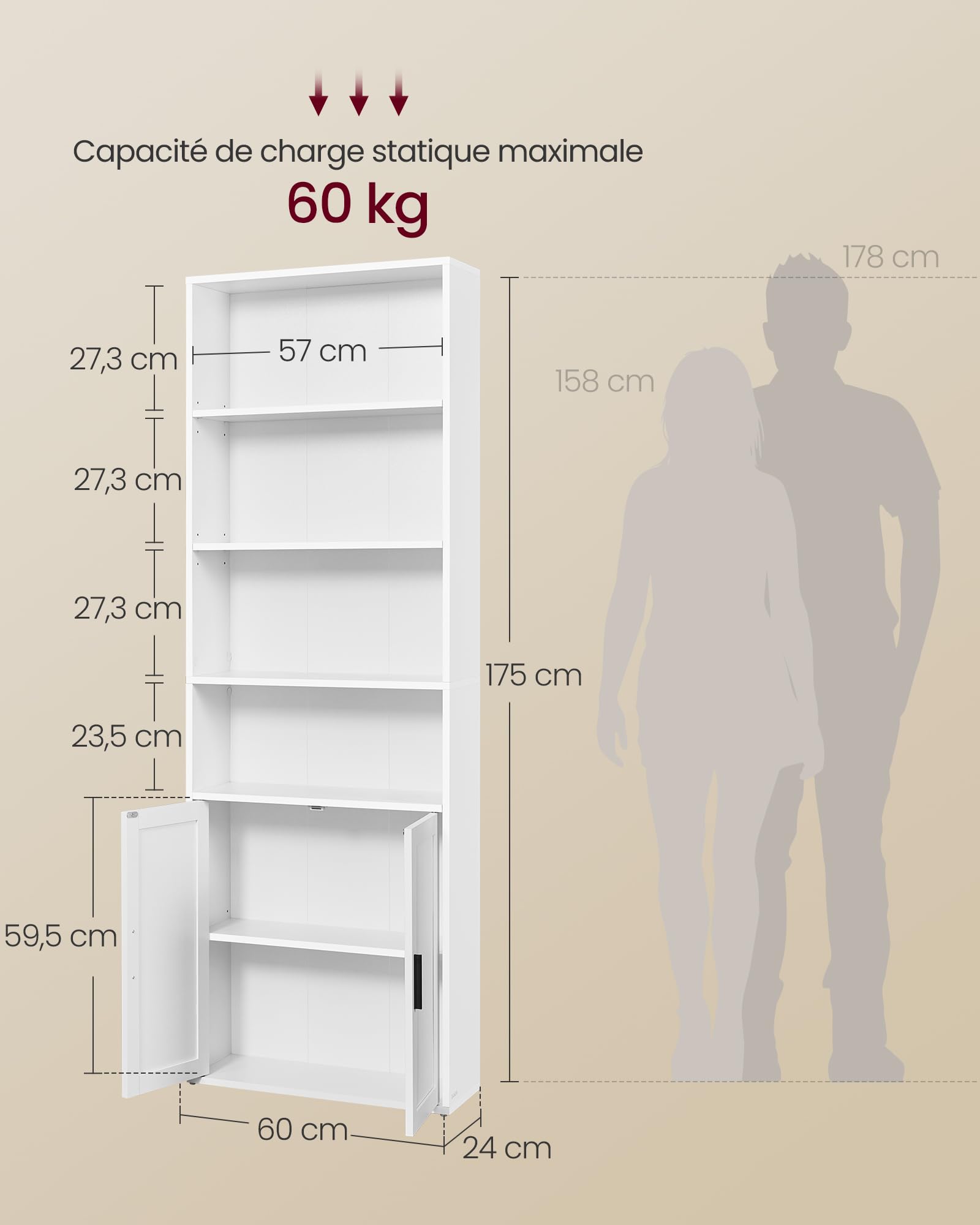 VASAGLE Custos Collection - Bibliothèque, Étagère Haute sur 6 Niveaux, avec Portes, Meuble de Rangement Ouvert, 24 x 60 x 175 cm, pour Salon, Bureau, Salle à Manger, Blanc Nuage LBC402W01