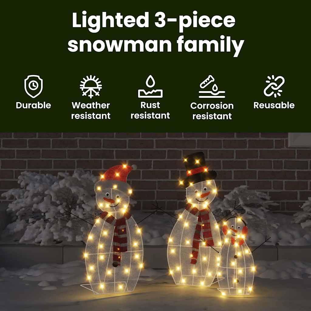 vidaXL Familia de Muñecos de Nieve Iluminados 3 pcs Cálido Poliéster, Sala, Decoraciones de Invierno USB Modernas, Adornos navideños, Luces Festivas y Figuras para el Exterior