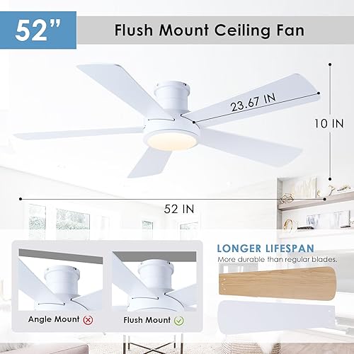 Miniatura 5 de Dannilong Ventiladores de techo modernos de perfil bajo de 52 pulgadas con luces control remotoaplicación, ventiladores de techo reversibles de