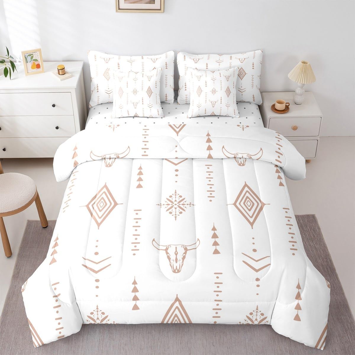 Erosebridal Native Aztec 7 Piece Bedding Set Queen Western Skull Comforter Set with Sheets Bohemian Abstract Horns Bed in a Bag Minimalist Tribal Symbol Bed Sets Geometric White Comforter