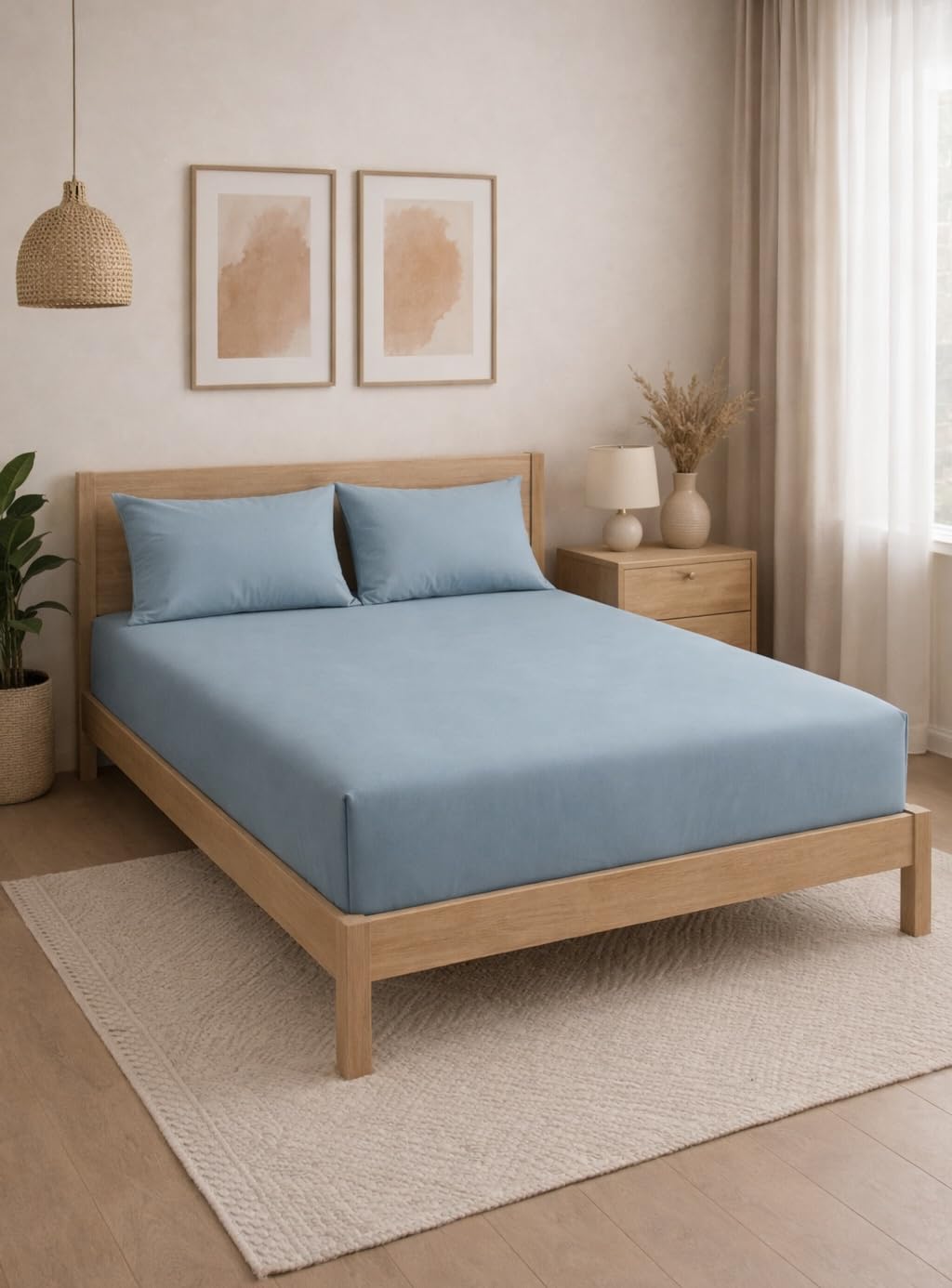 THE HOME STYLE Solid Plain Cotton Feel Fitted Bedsheet King Size (72x78 inches) | 2 Pillow Covers | 300 TC | Elastic Fit | Fits Upto 8 Inch Mattress (Denim)