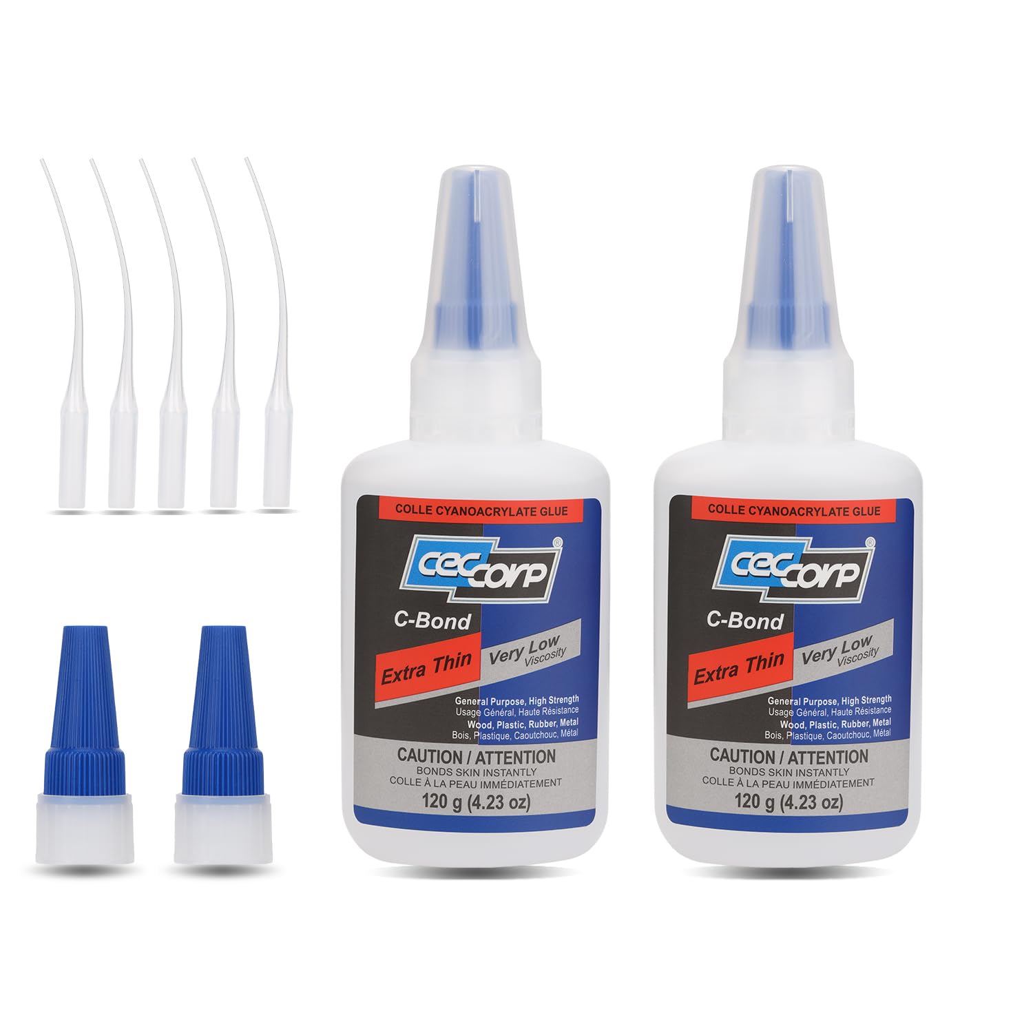 CECCORP Super Glue - C-Bond Extra Thin Bundle, 2 x 4.23 oz (120 g) Bottles with 2 Extra Caps, Very Low Viscosity Cyanoacrylate Adhesive, Clear CA Glue