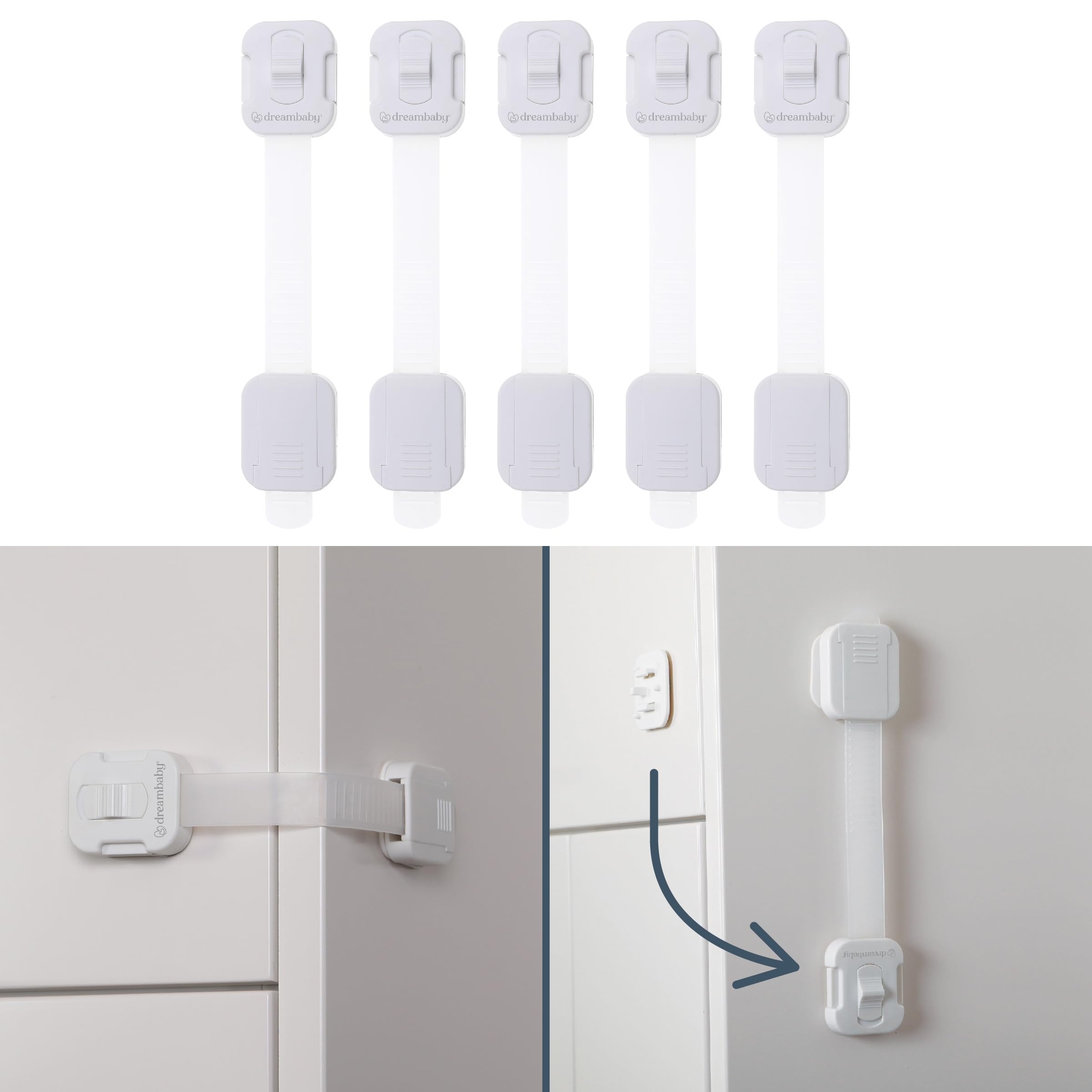 Dreambaby Cupboard Locks For Children, Child Locks For Kitchen Cupboards, Swivel Adjustable Strap Latches, Self Adhesive Cabinet Strap Locks, No Tools Needed,