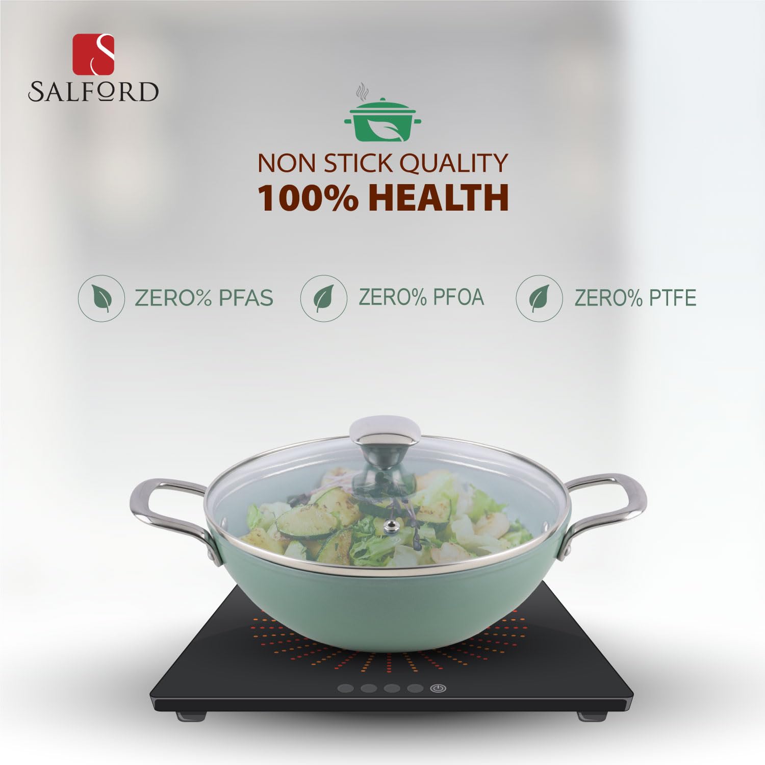 SALFORD Ceramic Non Stick Kadai, Glass Lid, Ceramic Coated Frying Kadhai, ISI Certified, Forged Aluminium, Non Toxic Woks PFAS & PTFE Free, 2 Yr Warranty (Green, 24cm) — Amazon image 3