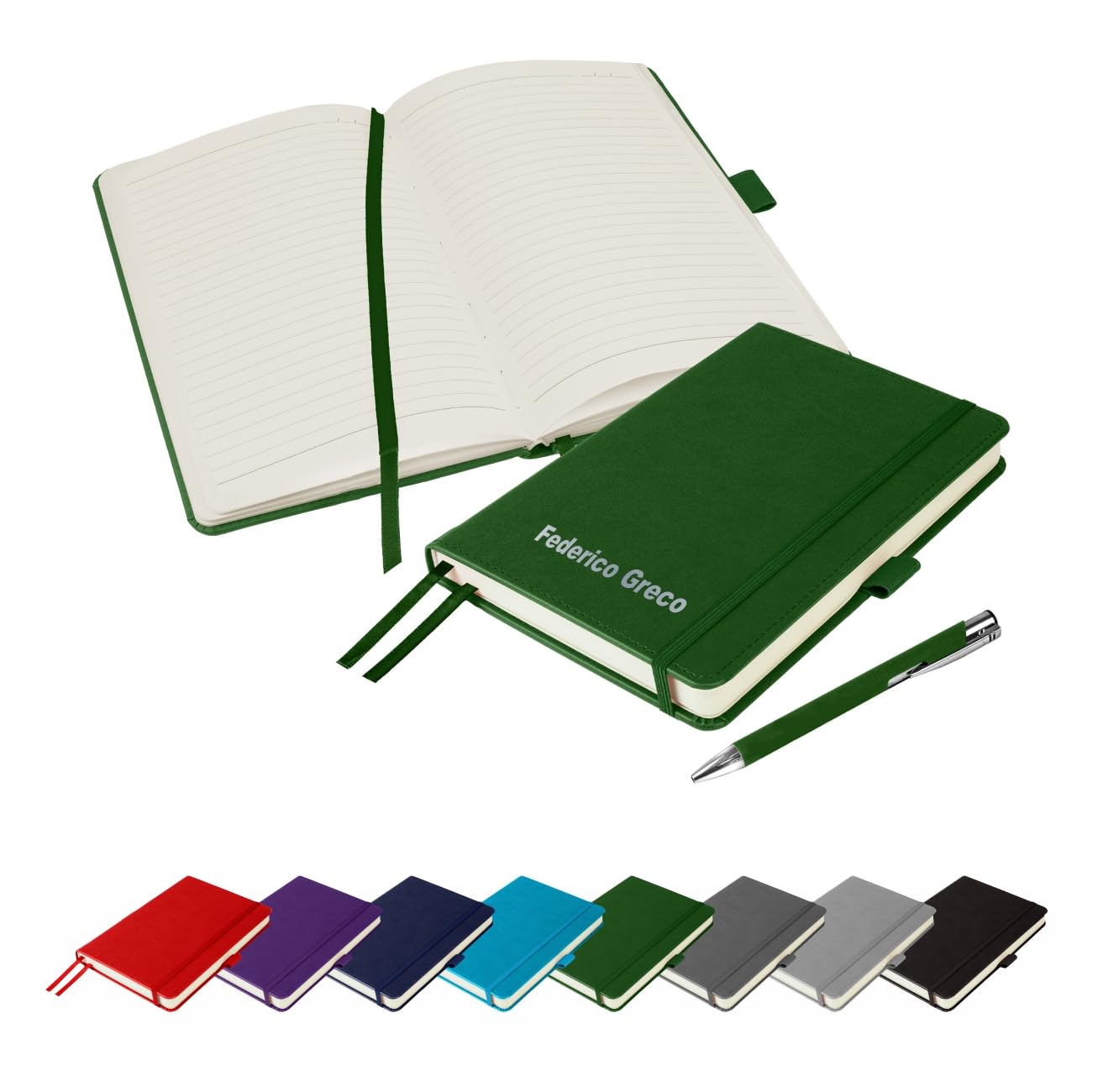 That's My Pencil Brand Luxury Italian Style A5 Notebook/Journal Stitched Cover personalised/printed with name inc Matching Pen (Bottle Green)
