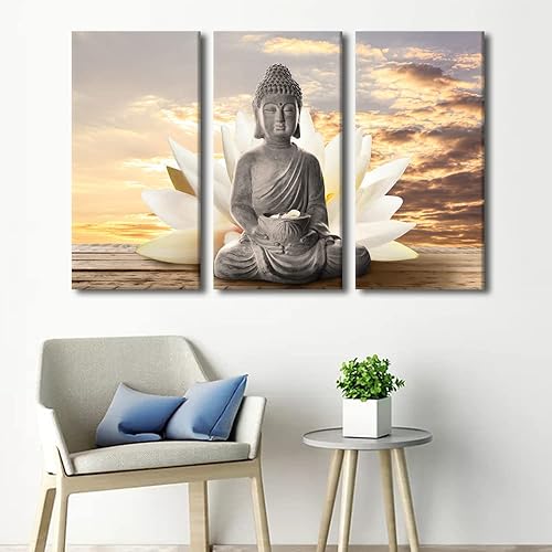 Miniatura 1 de TUMOVO Arte de pared para sala de estar, escultura de Buda, pinturas de flores, lienzo, arte de pared, 3 paneles, arte de pared, lienzo, decoración