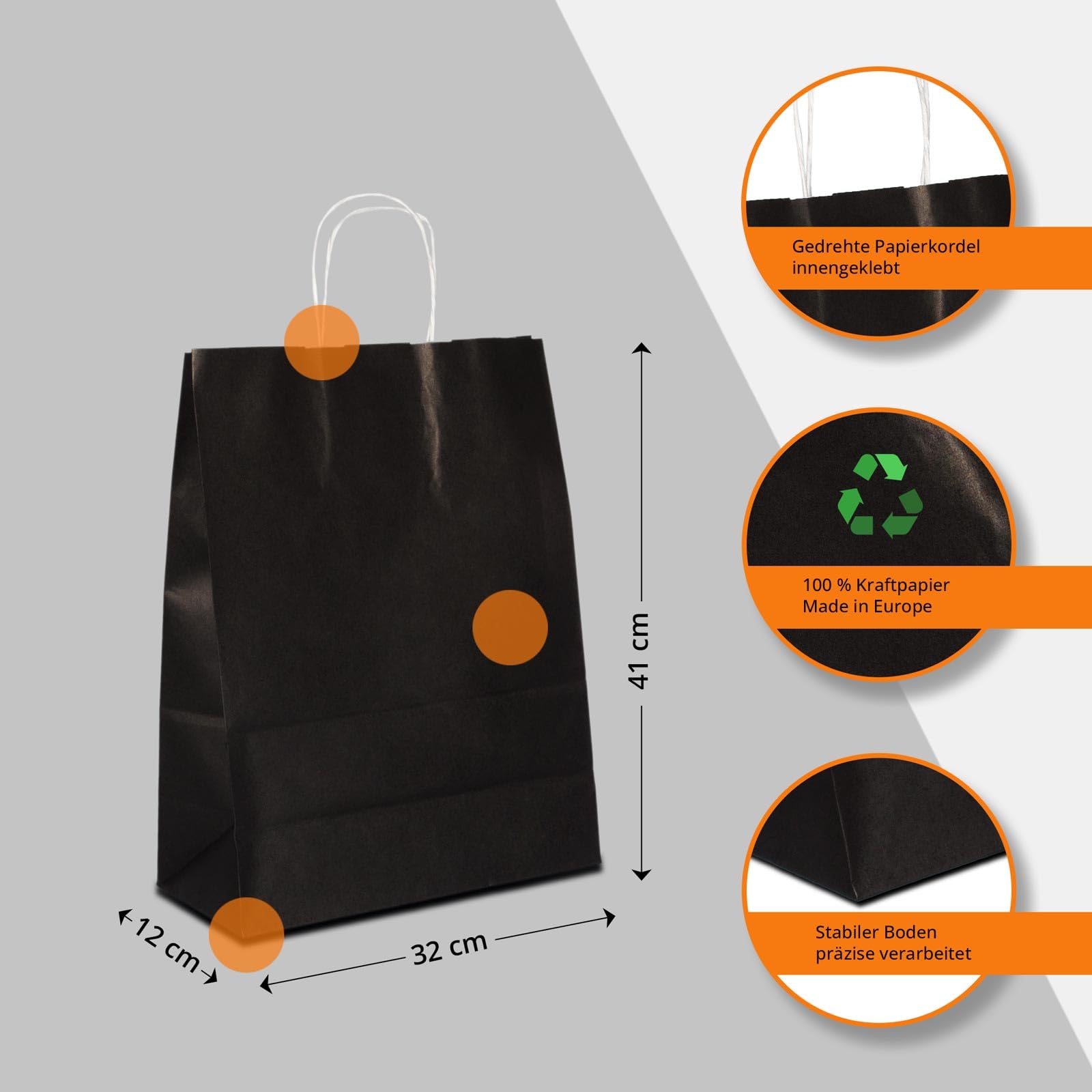 Papiertüten schwarz mit Kordel-Henkel I 250 Stk. 32+12x41cm I Papiertragetasche für Einzelhandel, Weihnachten, Mitbringsel, TO-GO I Geschenktüten aus Kraftpapier I HUTNER