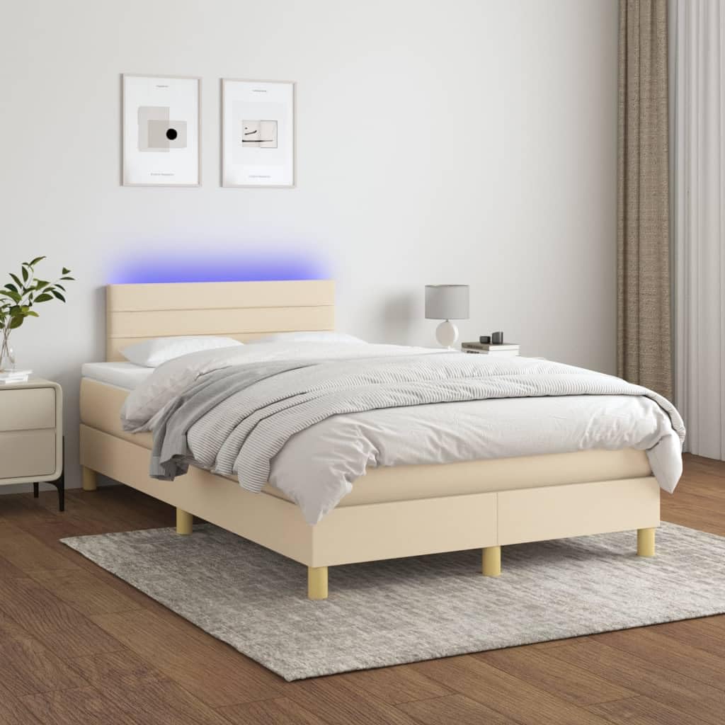 Tkanina z regulowanym zagłówkiem LED kremowy 120x200 cm | Łóżko kontynentalne z materacem kremowe 120x200 cm tkanina z LED regulowanym zagłówkiem do sypialni