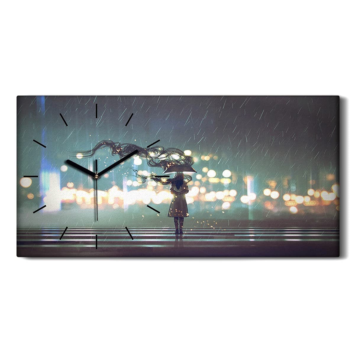 Horloge sur Toile 60x30cm Femme au Parapluie et Mains Noires Silencieuse
