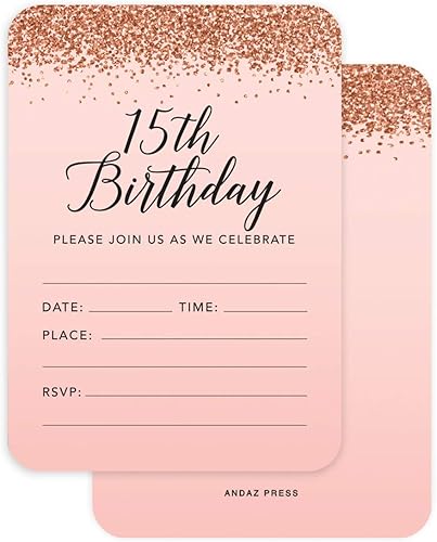 Andaz Press Colección elegante para fiestas con purpurina rosa y oro rosa, invitaciones de 5 x 7 pulgadas con sobres, quinceañera de membrillo Mis